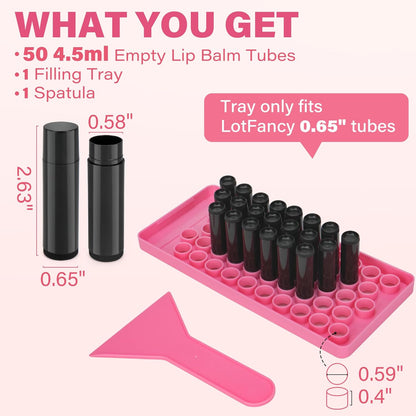 LotFancy Lip Balm Tubes with Filling Tray and Spatula, 50Pcs 4.5ml Black Lip Balm Containers, BPA Free & Leak Free, Handmade Set