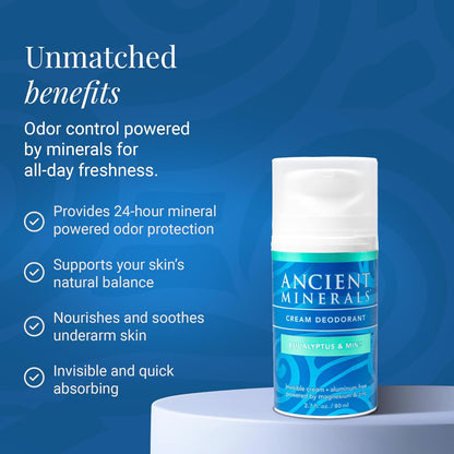 Ancient Minerals Natural Deodorant Cream – Eucalyptus & Mint Scent, Aluminum-Free, Vegan Deodorant for Women and Men with Magnesium, Zinc & Vitamin E, for Sensitive Skin, 2 oz