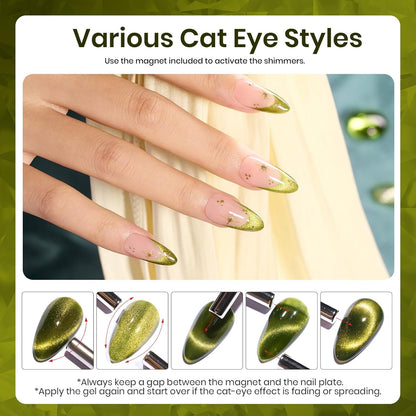 Beetles Olive Green Cat Eye Gel Nail Polish, 15ML Holographic Glitter Magnetic Soak Off UV Nail Art Manicure Gifts for Women