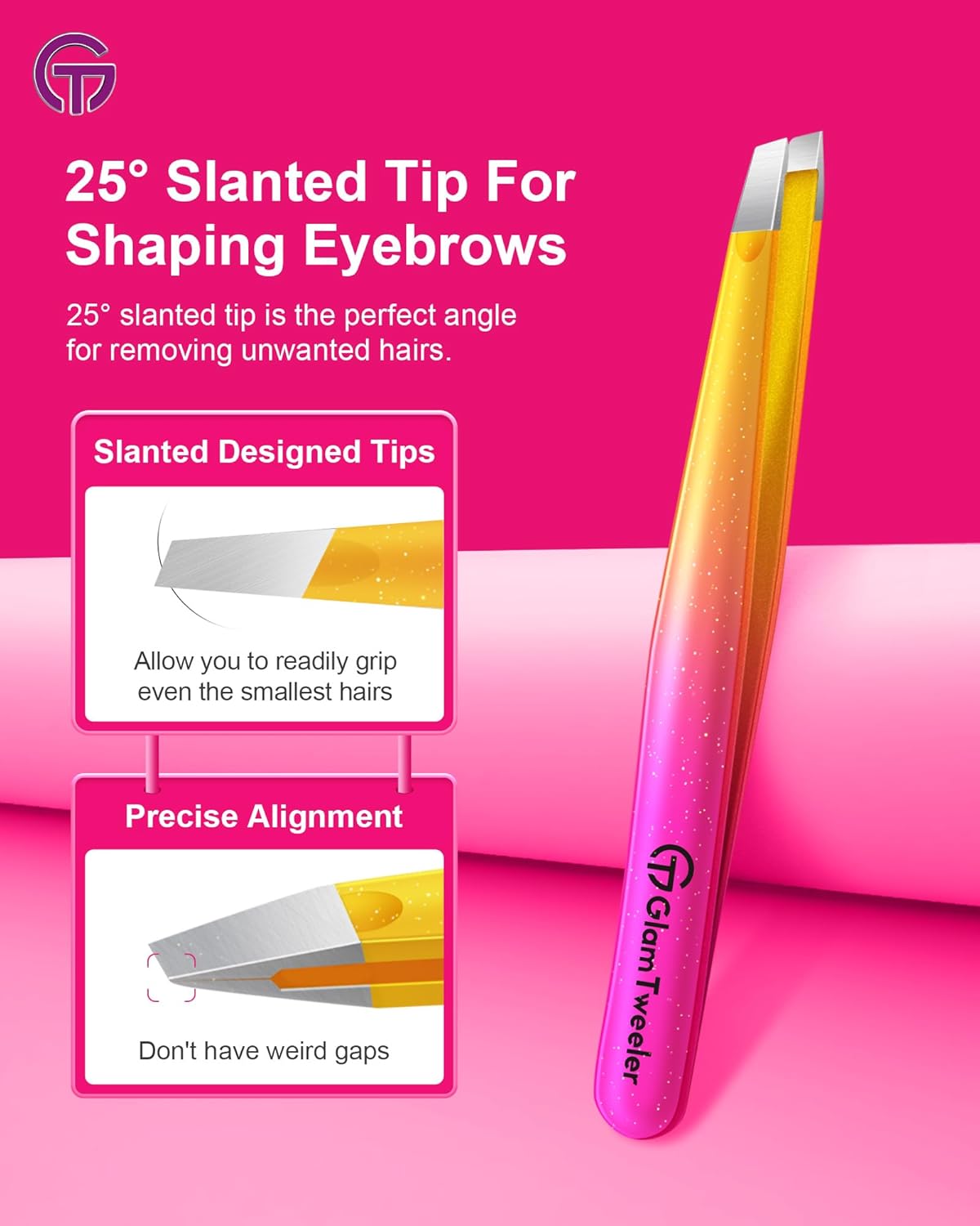 Expert Slant and Point Tip Tweezer Set with Exclusive Travel Case, GlamTweeler Sharp & Precision Tweezer Set for Eyebrows, Facial Hairs & Fine Hairs Removal (Sparkle Hot Pink + Silver)