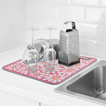 SHIYUE Dish Drying Mat for Kitchen Counter Super Absorbent Spring Kitchen Decor Microfiber Drying Matainers Rack Fast Pad Dish Drainer Mats(Pink Flower,16''x18'')