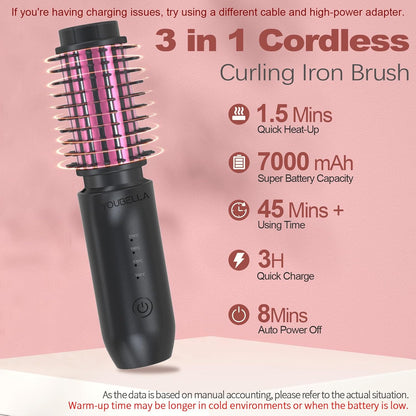 Cordless Hair Curling Iron Brush, Mini Travel Hot Straightener Comb, 3-in-1 Portable Wave Curling Wand, 1.5″ Ionic Heated Brush, USB Rechargeable Hair Curler, Black – No Automatic Rotation