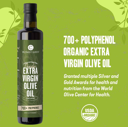 Dr. Cowan’s Garden 700+ Polyphenol Certified Organic Greek Extra Virgin Olive Oil - Single Estate Extra Virgin Olive Oil with Highest Polyphenols Sourced from Koroneiki Trees, Cold-Pressed, 16.9 FL Oz