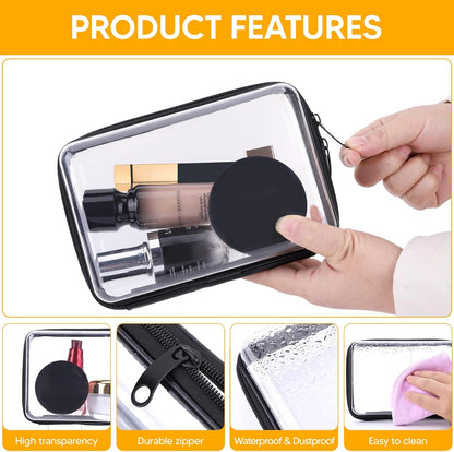 3Pcs Clear Zipper Pouch, PVC Plastic Cosmetic Travel Bag, Portable Travel Organizer Bins, Durable Makeup Bags for Storage, Pencil Case(Black-13.8+9.9+7.5inch)
