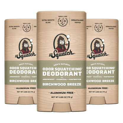 Dr. Squatch Natural Deodorant for Men - Odor-Squatching Aluminum Free - Birchwood Breeze (2.65 oz, 3-Pack)