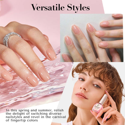 AZUREBEAUTY Nail Polish Set, 4 Colors Nude Pink Jelly Transparent Clear Milk White Quick Dry Natural Nail Lacquer Strengthening Treatment Kit with Top Coat DIY Salon at Home