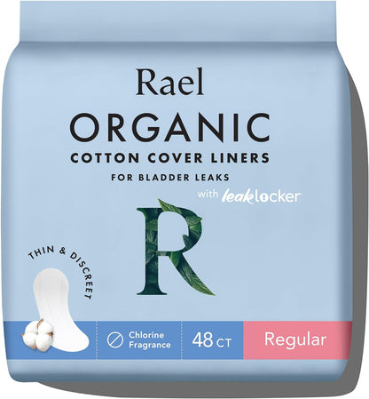 Rael Incontinence Liners for Women, Organic Cotton Cover, Postpartum Essential, Moderate Absorbency, Bladder Control, 4-Layer Core with Leak Guard Technology (Regular, 48 Count)