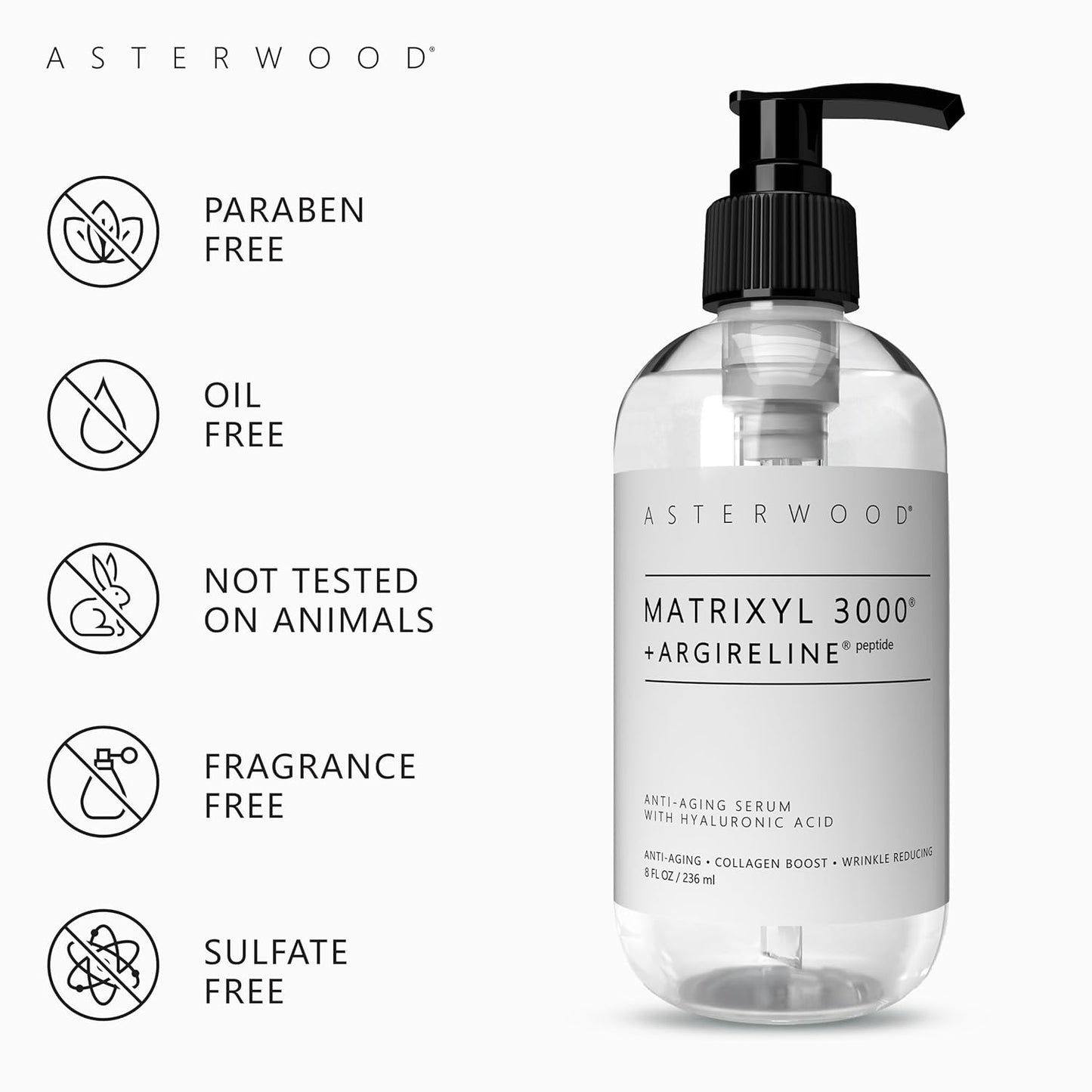 Asterwood Matrixyl 3000 + Argireline Serum for Face - Multi Peptide Serum with Hyaluronic Acid - Anti-Aging, Wrinkle Reducing, Collagen Boosting - Fragrance-Free - 8 Fl Oz
