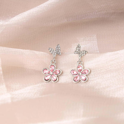Vintage Pink Crystal Flower Earrings Butterfly Flower Drop Earrings Silver Rhinestone Butterfly Stud Earrings Pink Gemstone Butterfly Earrings Jewelry for Women