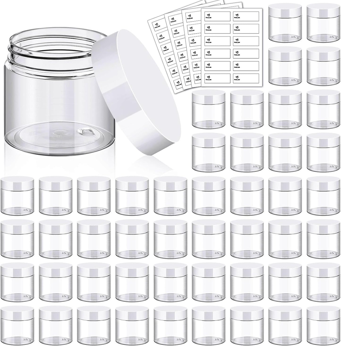 TUZAZO 48 Pack 2 Oz Small Plastic Container Jars with Lids and Labels BPA Free, Empty Round Clear Cosmetic Containers Plastic Slime Jars for Lotion, Cream, Ointments, Samples, Travel Storage (48)
