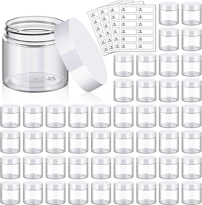 TUZAZO 48 Pack 2 Oz Small Plastic Container Jars with Lids and Labels BPA Free, Empty Round Clear Cosmetic Containers Plastic Slime Jars for Lotion, Cream, Ointments, Samples, Travel Storage (48)