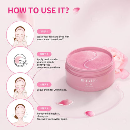 BREYLEE Pink Rose Eye Mask– 30 Pairs - Under Eye Mask Amino Acid & Collagen, Under Eye Mask for Face Care, Eye Masks for Dark Circles and Puffiness, Under Eye Masks for Beauty & Personal Care