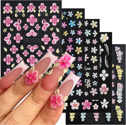 5D Embossed Flower Nail Stickers, 5PCS Colorful Floral Nail Art Stickers Pink Cherry Blossom Hibiscus Daisy Nail Decals Self-Adhesive Pegatinas para Uñas Spring Summer Decoration