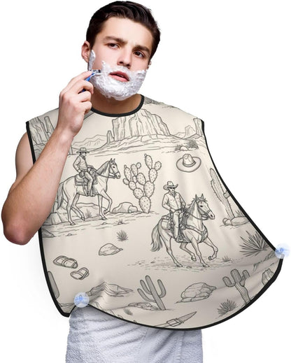Non-Stick Beard Bib for Shaving, Western Desert Cowboy Riding Horses Shave Bib, Waterproof Hair Catcher with Suction Cups, Grooming Apron Men Husband