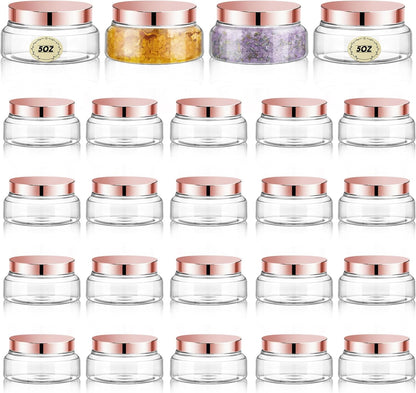 Tessco 24 Pack Plastic Jars with Lids Labels Empty Clear Plastic Jars Round Refillable Cosmetic Containers Body Butter Containers Bulk Sugar Scrub Bottle for Make Up(5 oz,Clear, Rose Gold)