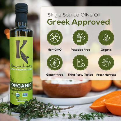 Kasandrinos Organic Olive Oil Extra Virgin, Polyphenol Rich Greek Olive Oil, 100% Organic First Cold Pressed, Mild + Delicate Flavor, Verified by Non GMO, 500 ml / 16.9 oz