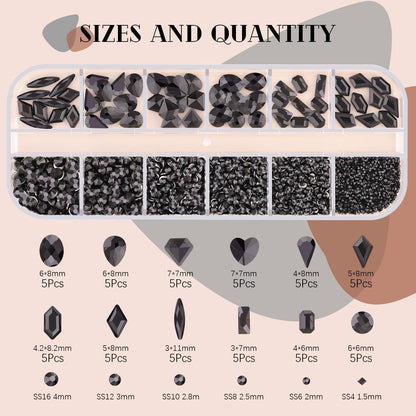2060Pcs Black Glass Nail Rhinestones 60Pcs Multi Shapes Flatback Nail Gems + 2000Pcs 1.5-4mm Round Crystal with Rhinestones Glue Gel, Manicure Nail Charms Diamond Gemstones for Nail Art