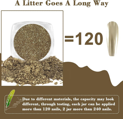 Allstarry Chrome Nail Powder 2pcs Metallic Mirror Effect Dust Glitter Glazed Manicure Decoration Reflective Pigment for Gel Polish Nail Art Decoration Resin Craft, Festivals - Champagne Gold