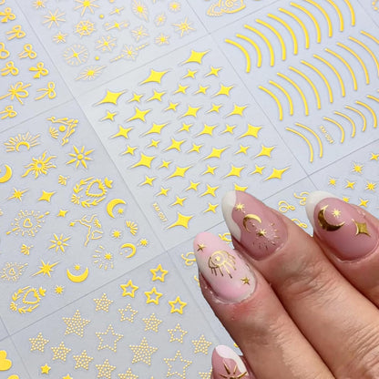 30Sheets Gold Nail Art Stickers Star Line 3D Self Adhesive Nail Stickers for Nail Art Moon Stars Nail Decals Heart Nail for Women and Girls Manicure DIY Decoration