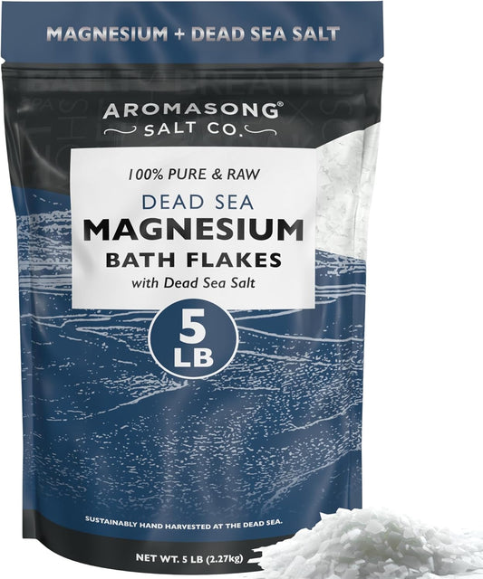 Aromasong Raw Magnesium Flakes for Bath + Dead Sea Salt for Soaking - 5 Lb Resealable Pack Magnesium Chloride Flakes - Organic Bath Salt Relaxing Mineral Soak (Packaging May Vary)