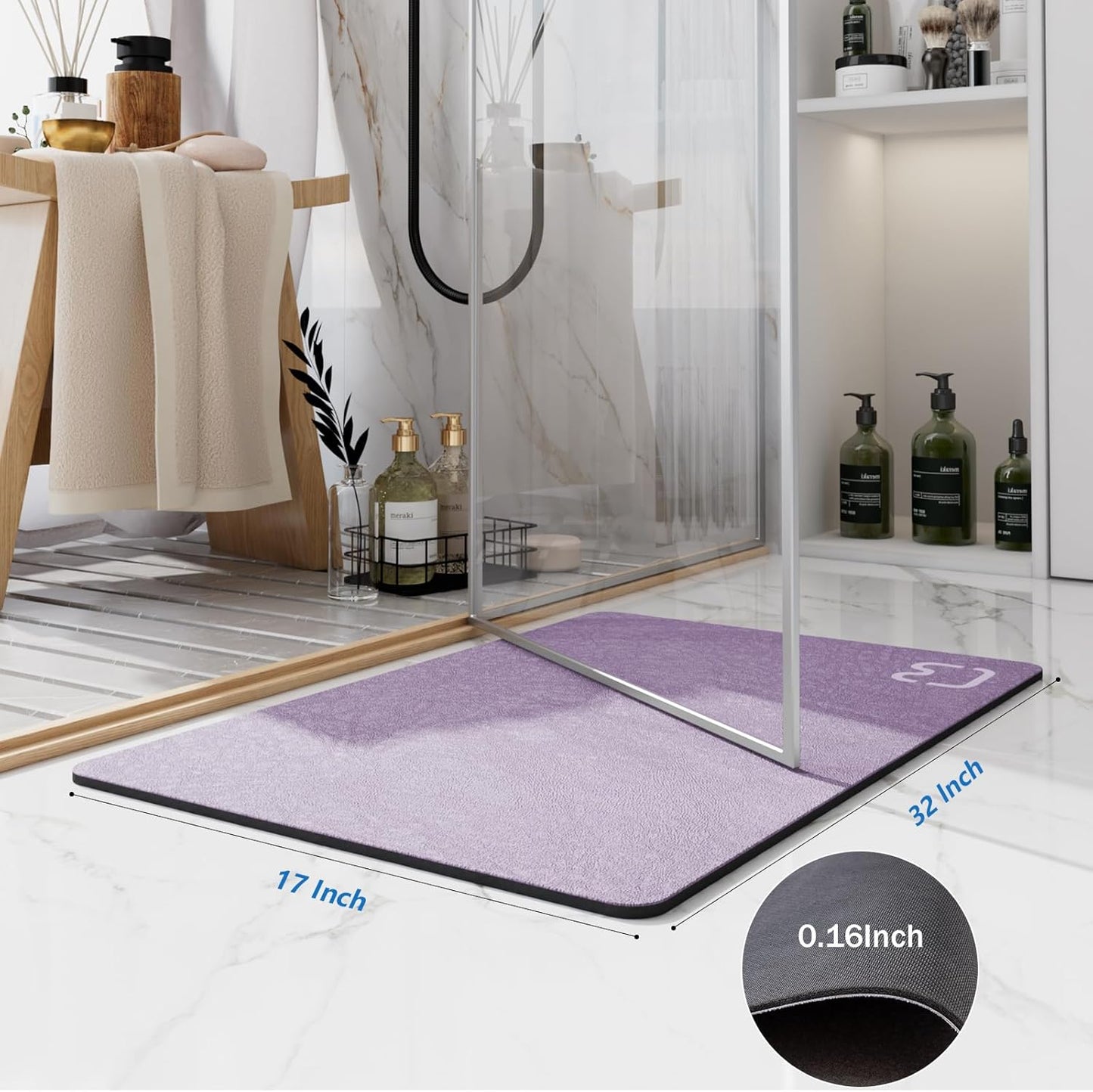 Diatomaceous Earth Bath Mat Rugs Quick Dry Super Absorbent Non Slip Rubber BottomThin Bathroom Mat Fit Under Door, Floor Rugs in Front of Bathtub,Shower Room,Sink,Washable, 17" x 32", Lavender
