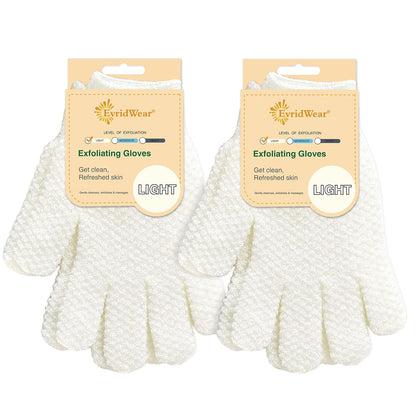 Evridwear Exfoliating Dual Texture Bath Gloves for Shower, Spa, Massage and Body Scrubs, Dead Skin Cell Remover, Gloves with Hanging Loop (2 Pairs Light)