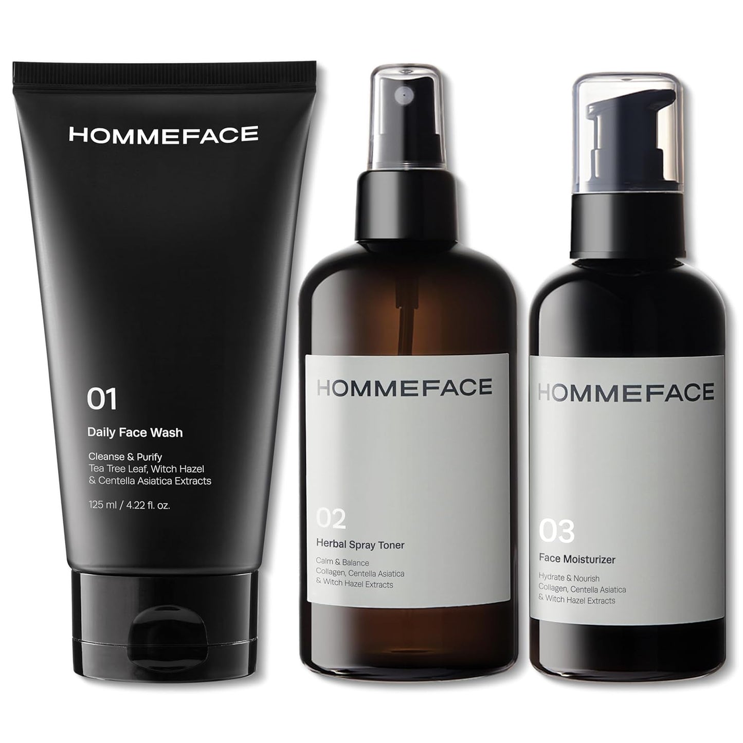 HommeFace Men’s Daily Trio 3-Step Daily Routine Set with Face Wash, Herbal Spray Toner & Moisturizer - Korean Skincare Technology with CICA, Tea Tree Leaf & Witch Hazel Extracts, for All Skin Types