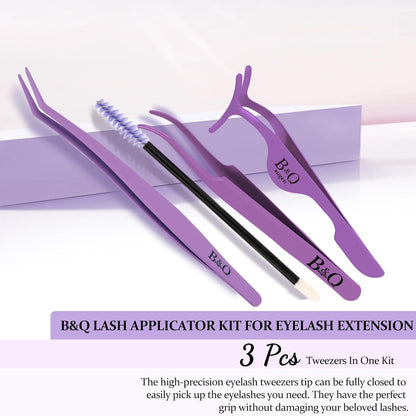 Eyelash Applicator Tool 3 PCS Lash Applicator Tool Kit Lash Tweezers for Eyelash Extensions Application Tool and Removal （Purple,3 PCS）