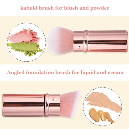Retractable Makeup Brush 2 Pack, Travel Kabuki Powder Makeup Brush, Foundation Face Blush Brushes for Blending Liquid, Blush, Bronzer, Buffing, Sunscreen,Flawless Cosmetics