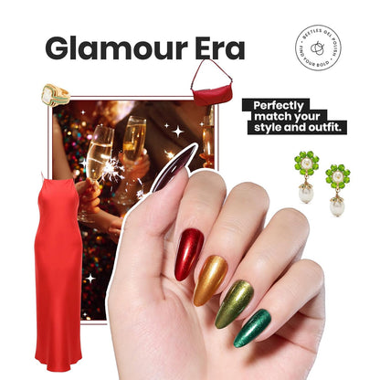 Beetles Fall Nail Polish Set - Glamour Era 6 Colors Quick Dry Glitter Burgundy Red Gold Green Yellow High-Gloss Long-Lasting Nail Polish for DIY At-Home Manicure Gift for Women