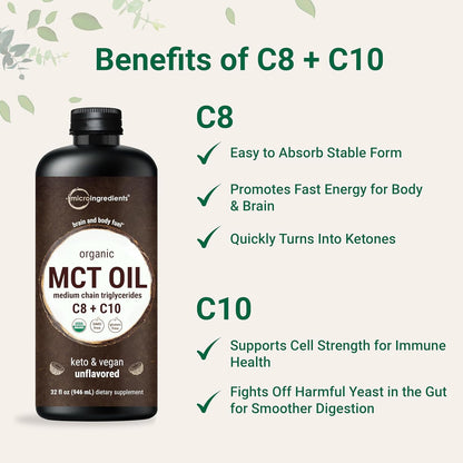 MCT Oil Organic, 32 fl oz |100% Virgin Coconut with C8 + C10 Fatty Acids | Natural Fuel for Brain Energy & Ketone Production | Great for Coffee or Dressings | Unflavored, Keto, Vegan