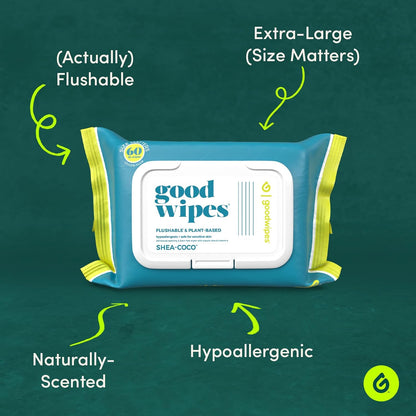 Goodwipes Flushable Butt Wipes Made with Vitamin E & Aloe - Soft & Gentle Wet Wipe Dispenser for Home Use, Septic & Sewer Safe - Largest Adult Toilet Towelettes - Shea Coco, 360 Count (6 Packs)