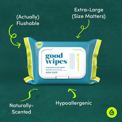 Goodwipes Flushable Butt Wipes Made with Vitamin E & Aloe - Soft & Gentle Wet Wipe Dispenser for Home Use, Septic & Sewer Safe - Largest Adult Toilet Towelettes - Shea Coco, 60 Count (Pack of 8)