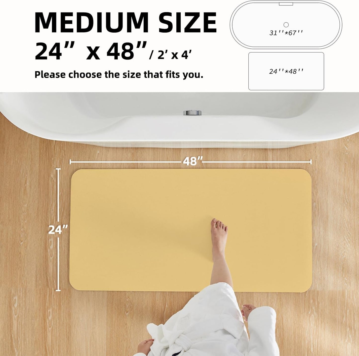 Bathroom Mat Quick Dry, Bathroom Rugs Non Slip Washable Thin Absorbent Bath Mat Fits Under Door Bathroom Floor Mat Perfect for Bath, Shower, or Sink 24"x48" Light Yellow