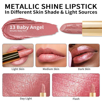 Oulac Light Pink Lipstick for Women with Metallic 3D Shine Lightweight Hydrating Formula, High Impact Lip Color, Vegan Beauty, Full Coverage Lip Makeup, Christmas Gifts for Women, Baby Angel(13)