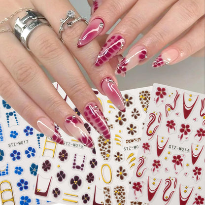 4Pcs Flower Nail Stickers for Nail Art - French Nail Art Stickers Autumn Winter Wine Red Brown Blue Floral Leopard Print Pattern 3D Self-Adhesive Nails Sliders Flowers Sticker for Nails Decoration