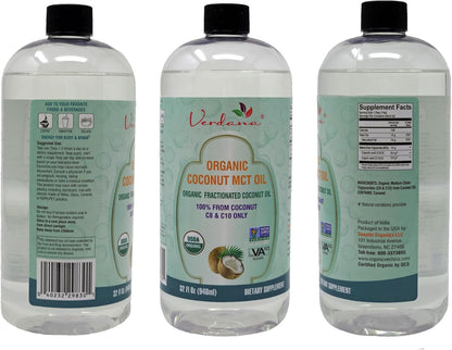 Verdana Organic MCT Oil – 32 Fl Oz Dietary Supplement – 100% Coconut Derived, Fractionated, Food Grade – For Oil Pulling, Keto Coffee, Oral Rinse, Massage & Aromatherapy – Vegan, Non-GMO, Kosher