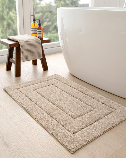 DEXI Bathroom Rug 43x24, Non Slip Washable Bath Mat for Shower Floor, Extra Large Absorbent Soft Bathmat with Rubber Backing, Quick Dry Microfiber Carpet, Beige