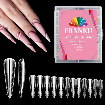 EBANKU 120Pcs Poly Gel Nail Forms, Long Stiletto Clear Dual Forms for Poly Extension Gel Structure Nail Tips Molds for Nail Art Design Salon&DIY
