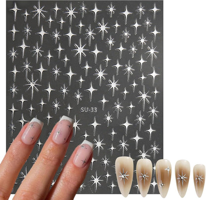 8 Sheet Bronzing Star Nail Stickers 3D Shiny Star Nail Decals Starlight Designs Sticker Nail Gold and Silver Purple Manicure Accessories for Women Nail Decorations