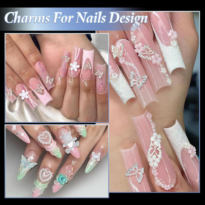 3D Nail Charms and Gems, Mix Flower Bow Heart Colorful Acrylic Nail Art Charms, Mix Nail Pearl Rhinestones and Caviar Beads for Nails, Cute Hollow Pearls Jewelry for Art Design DIY Crafts