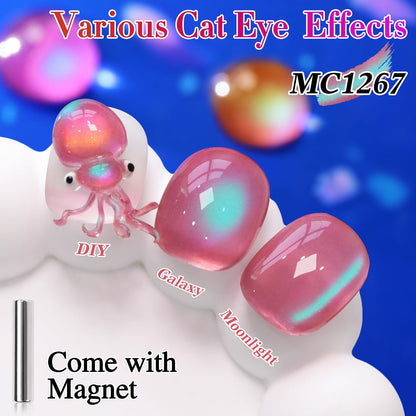 Double Rhythm Jelly Glass Cat Eye Gel Polish with Magnet 15ML Holographic Glitter Shimmer Translucent Sheer Color Magnetic Nail Polish Salon DIY at Home (Pink Teal-MC1267)