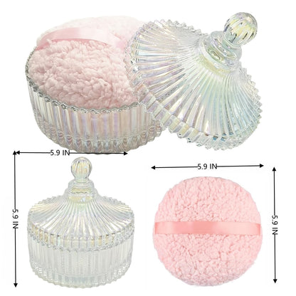 Extra Large Body Powder Puff and Container - Vintage Glass Dusting Powder Container with Soft Puff for Women & Girls (5.9x5.9x5.9 IN)-GRB010-Colorful-B