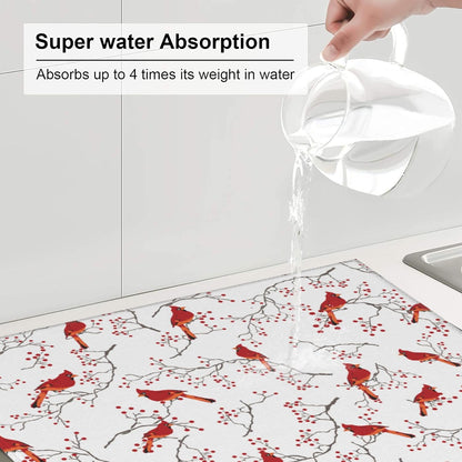 Cardinal Bird Red Berry Decor Kitchen Drying Mat Cute Microfiber Dish Drainer Mat for Kitchen Counter Absorbent Reusable Washable Home Holiday Decor 16x18 Inch