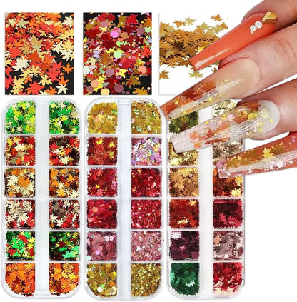 3 Boxes Fall Nail Art Sequins Thanksgiving Day 3D Holographic Gold Red Maple Leaf Nail Glitter Sequins Autumn Nail Supplies Decoration for Women DIY Manicure (36 Grids)