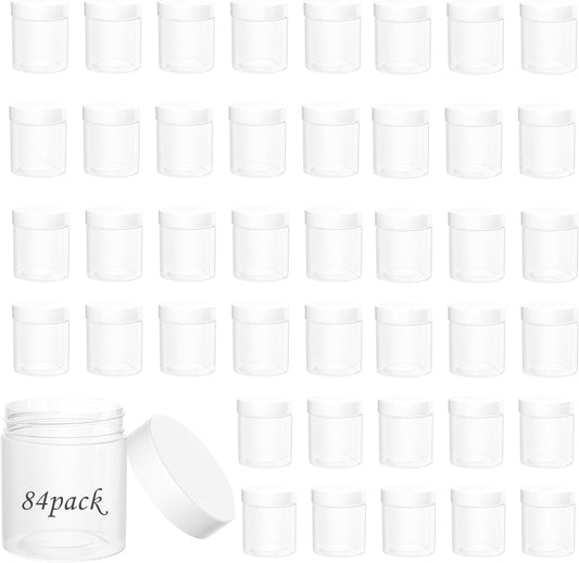 84PCS 4oz/125ml Plastic Jars with Screw On White Lids Seal Stickers Bottle Lid,Clear Container for Storing Dry Food,Spice,Lotion, Cosmetic, Slime, Honey Jam, Cream, Butter