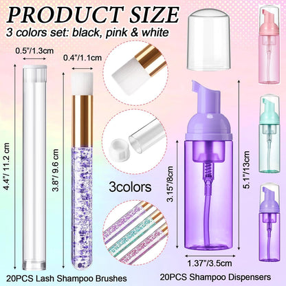 Zhehao 80 Pcs Lash Shampoo Bottle Brushes Kit 20 Foam Pump Dispensers 20 Lash Shampoo Brushes 20 Eyelash Aftercare Bag 20 Cleaning Pipes, Eyelash Extension Supplies (Mixed Colors)