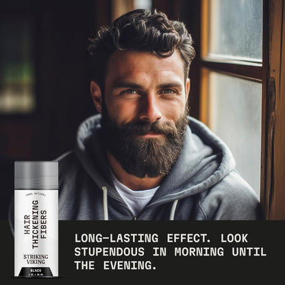 Striking Viking Hair Building Fibers - 28g, Black - Fuller Look Thinning Hair Fibers - Bald Spot Concealer & Barber Enhancement - Clump-Proof Powder & Hold Spray