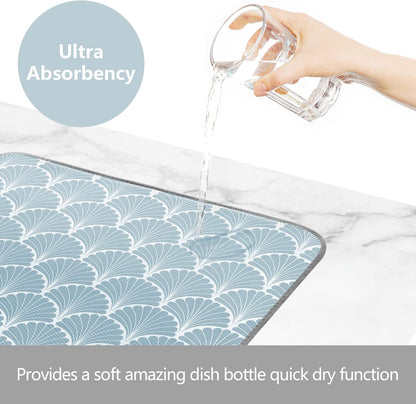 SHIYUE Dish Drying Mat for Kitchen Counter Super Absorbent Spring Kitchen Decor Microfiber Drying Matainers Rack Fast Pad Dish Drainer Mats(Aqua Blue Shell Geometric,16''x18'')