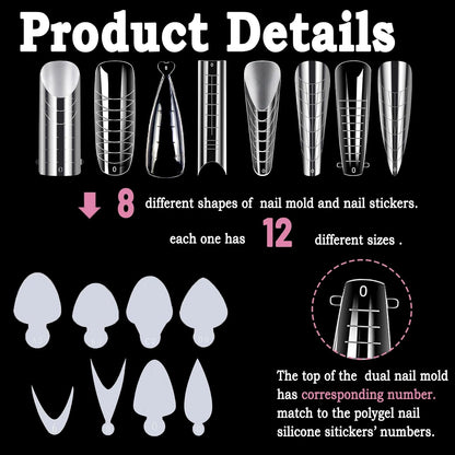 Allstarry 384pcs Nail Dual Forms, Silicone French Nail Forms for Poly Gel Nail Gel Extension Full Cover Acrylic Nail Tips 8 tpye nail form and Silicone Reusable Stickers for Manicure Extension